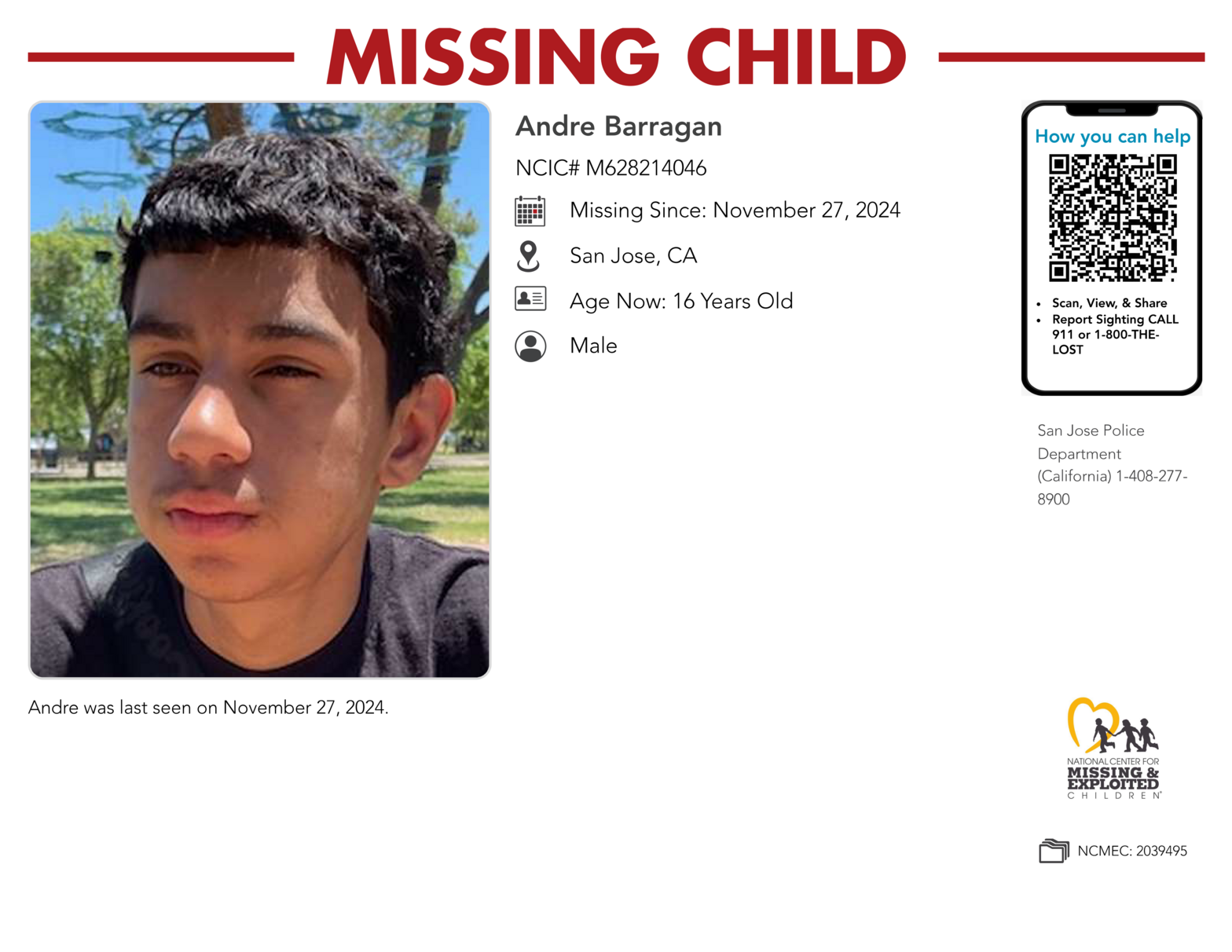 Missing: Andre Barragan, 16, San Jose, CA