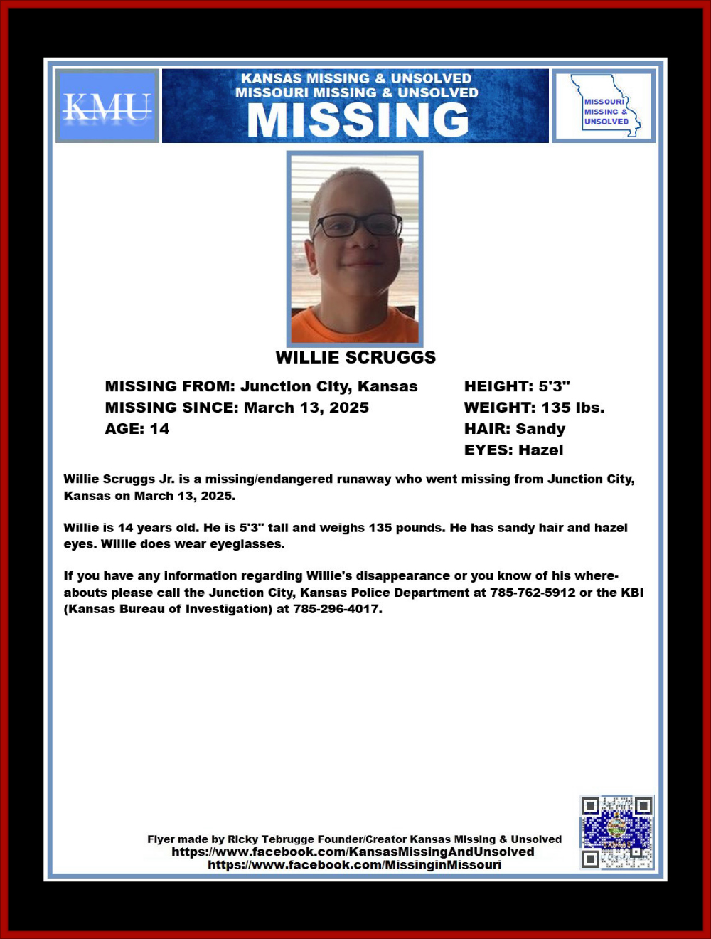 WILLIE SCRUGGS MISSING FROM: Junction City, Kansas