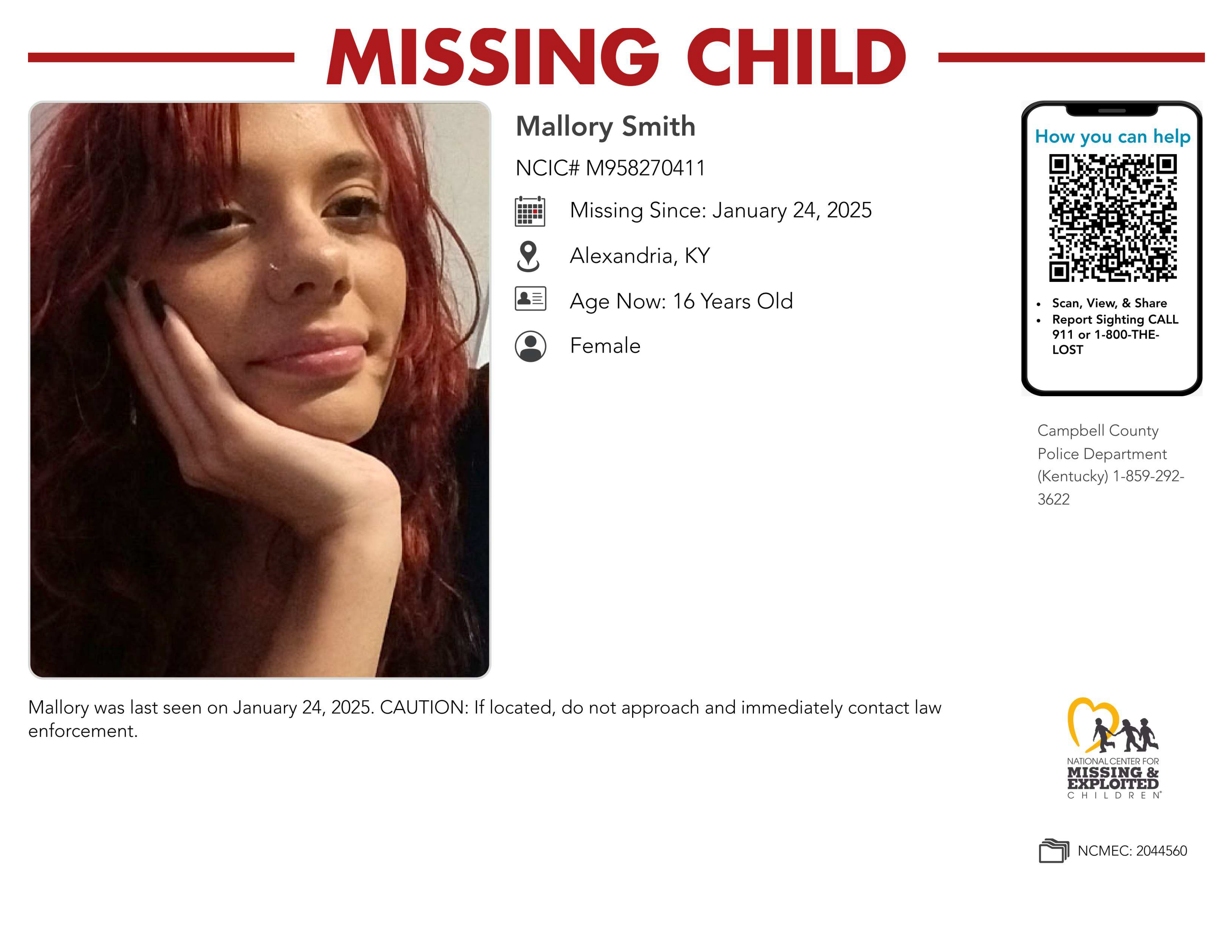 Missing: Mallory Smith, 16, Alexandria, KY 