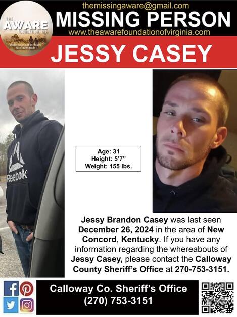 Missing: Jessy Brandon Casey, 31, New Concord, Kentucky